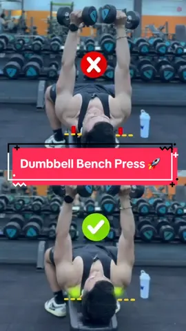 Lỗi Thường Gặp ❌  Dumbbell Bench Press 🚀   ❌Xoay vai về phía trước khi đẩy tạ lên. Điều này xảy ra khi bạn dang rộng hai bả vai quá xa nhau, khiến lực căng dồn về vai thay vì ngực. ✅ Cách khắc phục: Giữ hai bả vai khép lại và ưỡn ngực lên. Thay vì, xoay vai về trước thì hãy nghĩ về việc giữa vai khép lại và khép 2 bắp tay gần thành ngực . #fyp 