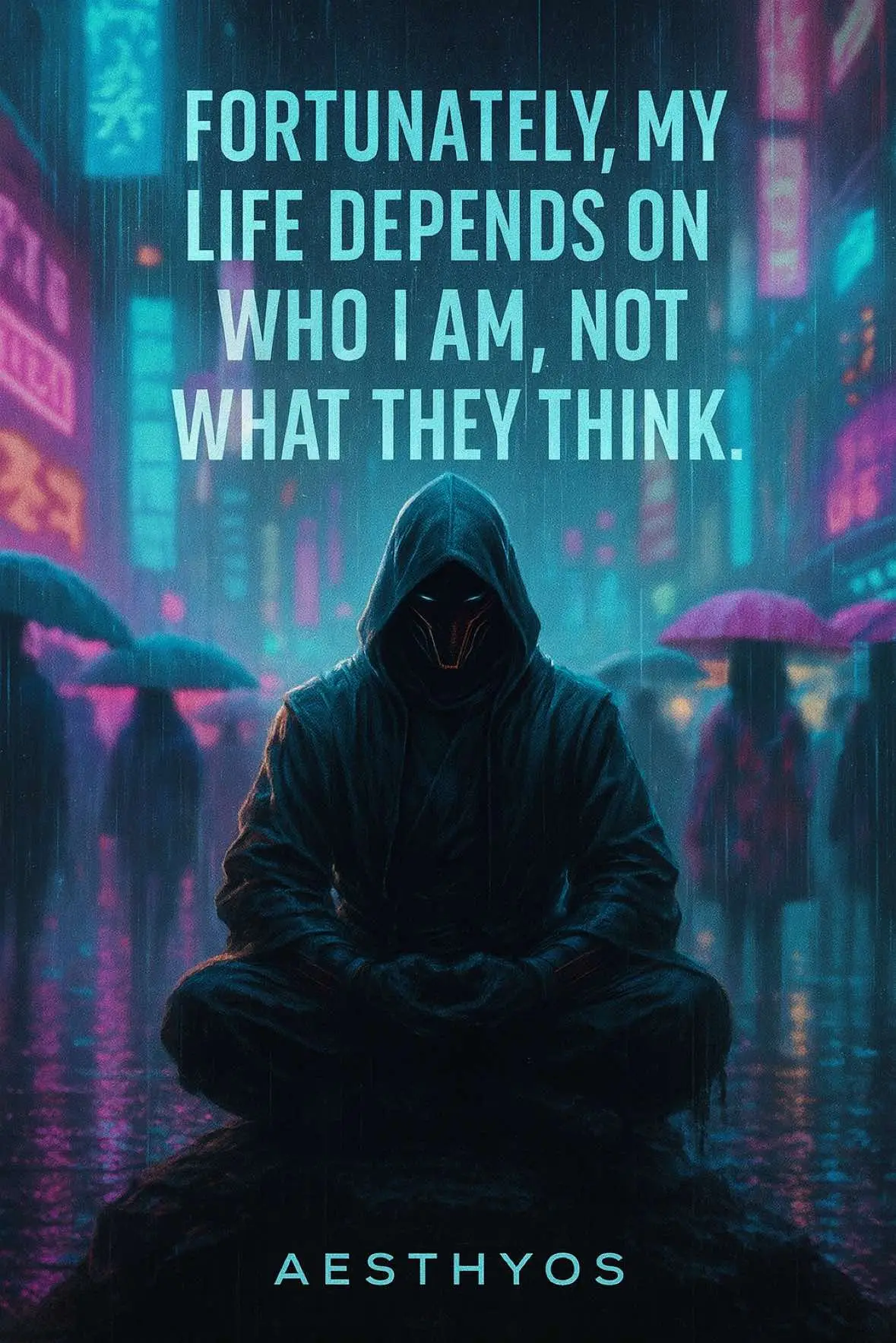 This AESTHYOS artwork fuses cyberpunk intensity with stoic self-mastery. A hooded figure meditates calmly amidst a neon-drenched cityscape, radiating inner strength despite the chaos around them. The electric rain, glowing reflections, and futuristic ambience symbolize the battle between identity and perception — a reminder that true power comes from within, not from external validation. The bold typography and cinematic lighting anchor the message: “Fortunately, my life depends on who I am, not what they think.” It embodies the AESTHYOS ethos of independence, resilience, and authenticity. #aesthyos #aesthyosmindset #aesthyoslegacy #aesthyosart #cyberpunkmindset #stoicwarrior #innerstrength #selfmastery #disciplineoveropinion #identityoverimage #aesthyosphilosophy #motivationalart #cinematicdesign #resilientmind #aesthyosfuel #neonwarrior #modernstoic #focuswithin #darkaesthetic #unstoppablemindset