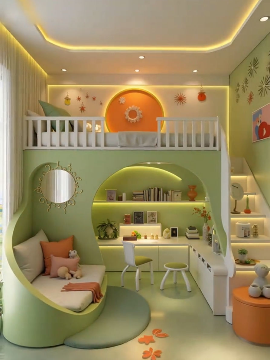 Phần 27: Không Gian Mơ Ước ✨ Thiết Kế Gác Lửng Đa Năng Cho Con Đừng để không gian nhỏ làm giới hạn. Phòng gác lửng cho bé: Ngủ 😴, học 📖, chơi đùa🧸 - tất cả trong một! Thiết kế hiện đại, an toàn và cực kỳ thẩm mỹ. Chi tiết nội thất thông minh, ánh sáng ấm áp, tạo nên một 