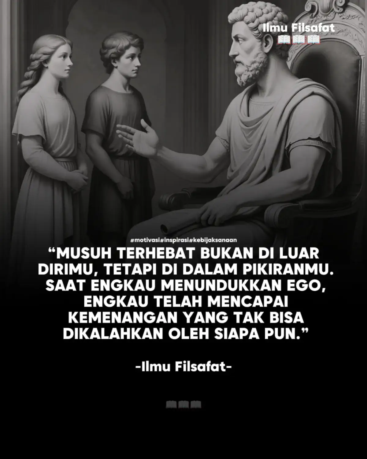 Musuh sejati manusia tidak selalu datang dari luar, melainkan dari dalam dirinya sendiri dari pikiran yang penuh kekhawatiran, rasa takut, dan keinginan untuk selalu menang. Saat seseorang berani menatap ke dalam dirinya dengan jujur, ia akan menemukan bahwa pertempuran terbesar bukan melawan orang lain, tetapi melawan dorongan egonya sendiri. Mengalahkan ego bukan berarti melemah, melainkan belajar untuk menjadi tuan atas diri, bukan budak dari amarah dan kesombongan. Kemenangan sejati bukan tentang menjatuhkan lawan, tetapi tentang menaklukkan diri sendiri. Ketika hati mampu meredam keinginan untuk membuktikan diri dan memilih ketenangan daripada kebanggaan kosong, maka di sanalah kedewasaan sejati tumbuh. Orang yang mampu menundukkan egonya telah menemukan kedamaian yang tidak bisa dicuri siapa pun, sebab ia tidak lagi bergantung pada pengakuan dunia untuk merasa berharga. Hidup menjadi lebih ringan ketika kita berhenti berperang dengan bayangan dalam pikiran sendiri. Dengan menaklukkan ego, manusia belajar melihat segala sesuatu dengan jernih tanpa kepentingan, tanpa rasa iri, tanpa kebencian. Di saat itu, kemenangan sejati pun hadir: bukan kemenangan yang dirayakan dengan sorak, tetapi ketenangan yang dirasakan dalam diam, di mana jiwa akhirnya mengenal makna kebebasan yang sesungguhnya. #ilmufilsafat #kebijaksanaan #meme #caption #motivasi 