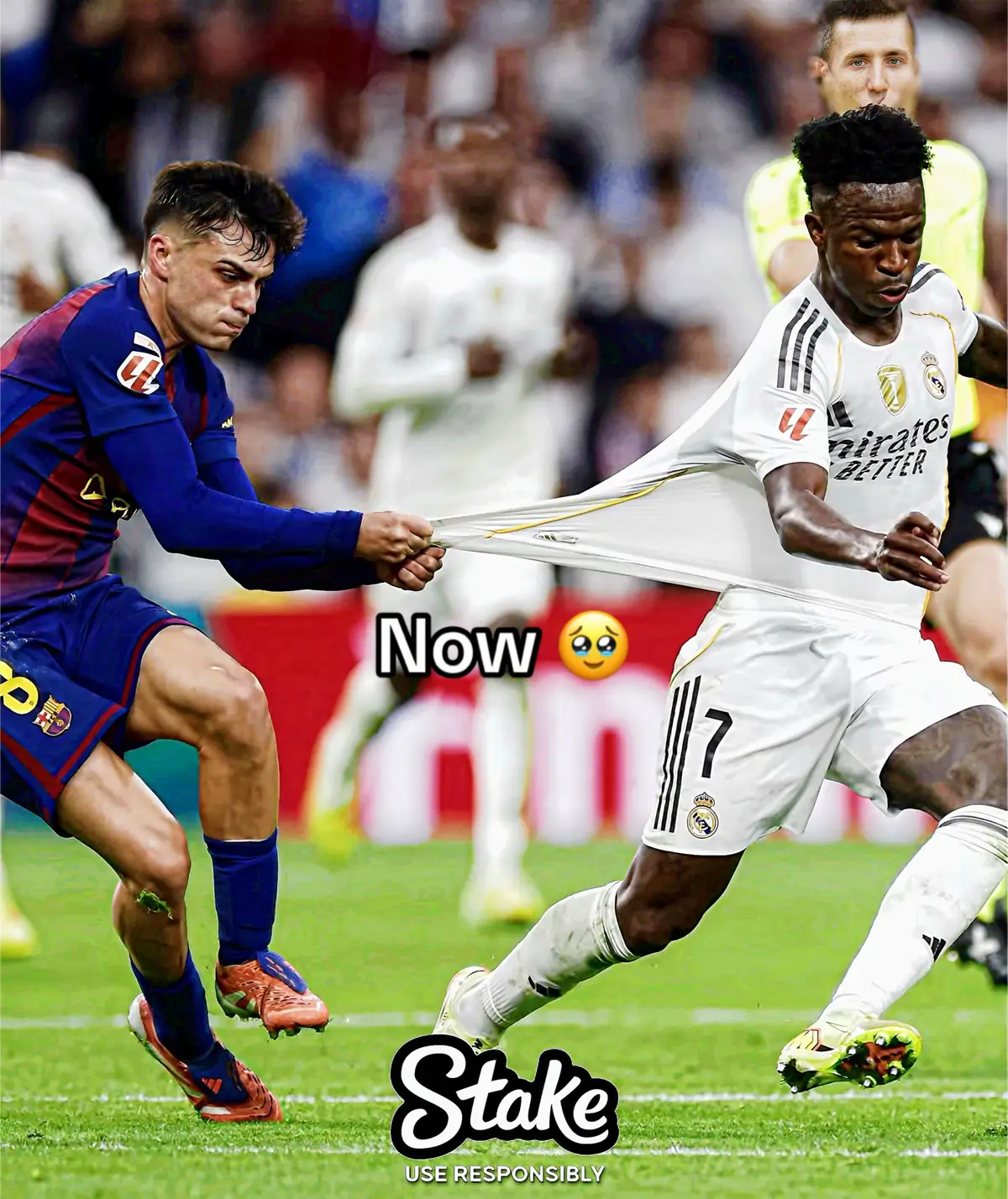 In the first picture, Vinícius Jr. glides past Pedri like lightning ⚡ — pure flair, unstoppable pace, the crowd rising as he bursts forward. But Pedri? He does what so many before him had to do — grabs the shirt, desperate to stop the storm. 😅👕 And then the second picture… a throwback to the good old days of El Clásico. Luka Modrić dancing past Lionel Messi, the magician himself — and even he had to resort to the same thing: a handful of shirt, a moment of helplessness. 🔥📸 Different eras, same story. When Real Madrid turns on the rhythm, there’s only one thing left for the opposition to do — hold on for dear life. 🤍⚔️ It’s not just a coincidence. It’s the Real Madrid way. 👑🔥 #vinijr #pedri #modric #messi #football 