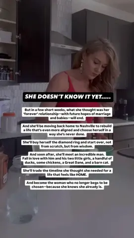 She thought she was building her forever. The relationship. The timeline. The life she was told to want. But just weeks later, it all unraveled. The “forever” ended. And instead of piecing it back together, she chose something radical. She chose herself. She came home. To Nashville. To her body.  To the truth she had been too afraid to admit: Love isn’t something you earn. It’s something you receive. So she stopped performing. Bought herself the diamond ring. Released the man who couldn’t meet her. And built a life that felt like home in her body, not just on paper. Now she’s in love. With a man who truly sees her. With two beautiful little girls. With a rhythm of life rooted in softness, not survival. This is what happens when your nervous system learns that love is safe. You stop chasing crumbs. You stop tolerating “almost.” You stop waiting to be chosen. And instead you become the woman who simply is. Whole. Grounded. Magnetic. xx, L