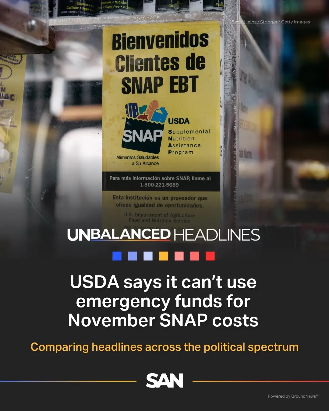 The U.S. Department of Agriculture said the government cannot use $6 billion in contingency funding for the Supplemental Nutrition Assistance Program, or SNAP. These benefits are expected to run dry next month unless Congress reopens government spending. Approximately 42 million people rely on federal help to buy food. In an undated memo obtained by Axios, the department blames Democrats for putting food security in question for those who rely on SNAP benefits due to their voting against a continuing resolution to fund the government. USDA explained in the memo that SNAP contingency funds can only be used to fill a gap in appropriated regular monthly benefits. With November well into the unappropriated 2026 fiscal year, USDA contends that spending the banked funding wouldn’t be legal. The memo states that paying out SNAP benefits during that time wouldn’t be reimbursed by the federal government once appropriations are passed. The Child Nutrition Program, which funds school meals, and the Women, Infants and Children (WIC) programs are funded by tariff revenue. The memo said using those funds for SNAP would siphon money from groups they’re not willing to short. Differences in coverage: Media outlets on the left frame this as a potential 'Real Disaster,' highlighting 'critical food assistance' at 'severe risk' and criticizing inaction with 'isn’t doing anything,' emphasizing a policy 'reversal.' Media outlets on the right stress that 'Emergency Funds Can’t Be Used,' portraying the decision as legally constrained and subtly questioning the continuous 'flowing' of aid, shifting focus to congressional action. Unbalanced Headlines shows you how political bias affects how news sites cover the same story. Follow us to see the facts beyond party lines. #snap #foodstamps #ebt #uspolitics #usda 