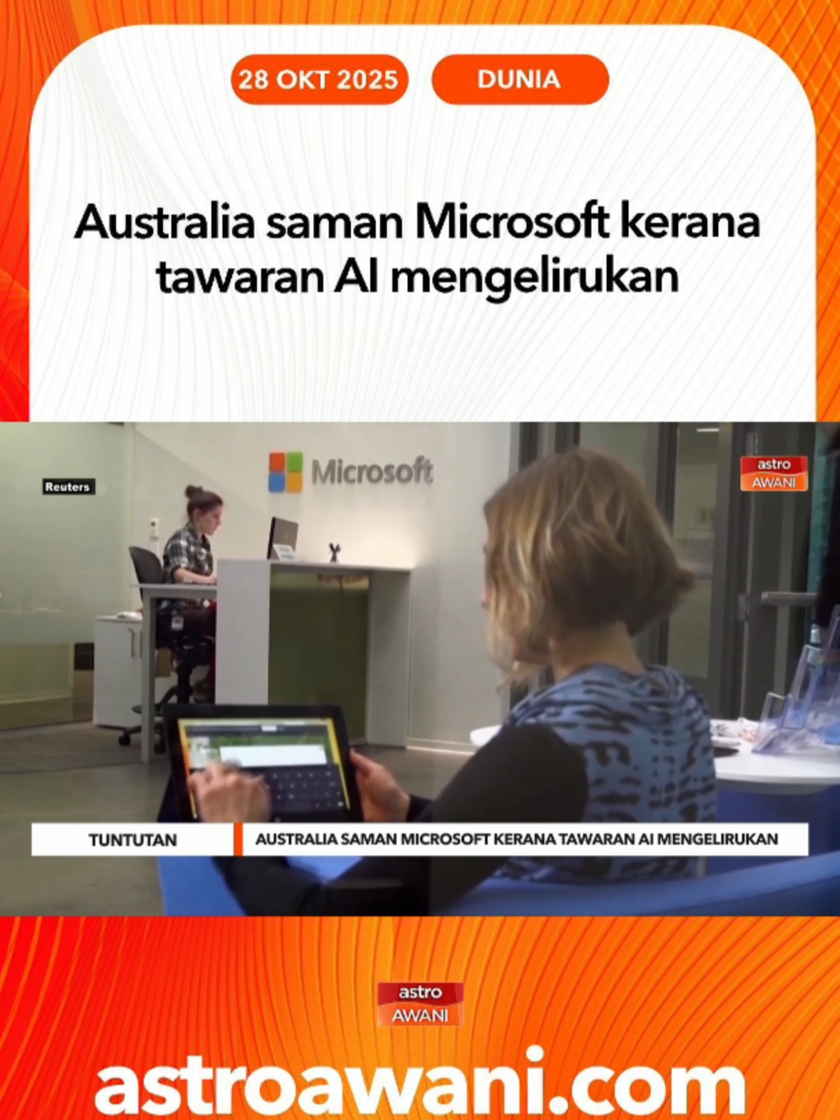 Pihak berkuasa Australia mengambil tindakan undang-undang terhadap syarikat teknologi gergasi Microsoft atas dakwaan mengelirukan kira-kira 2.7 juta pelanggan berhubung langganan perkhidmatan kecerdasan buatan (AI) Copilot. #AWANInews
