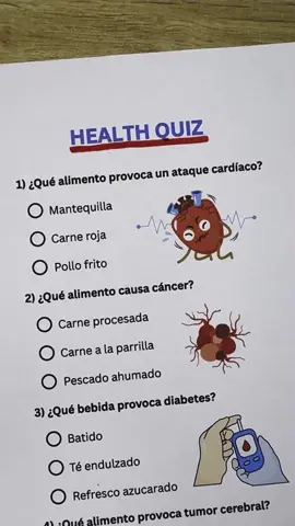 QUIZ DE SALUD 🩺 ¿Qué comida te enferma? ¡Acierta 7/7! #diabetes  #hipertension #calculosrenales  #cancer #salud 