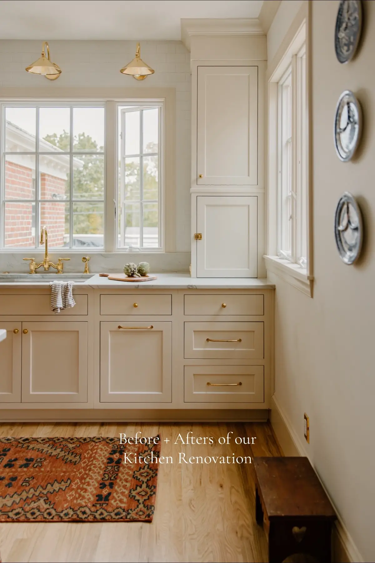 We have been renovating our kitchen for the last four months.  @Rejuvenation hardware + lighting + stools (links in my bio!) @Weaber 2.25” red oak floors @Andersen Windows #oldhousetiktok #designtok #kitchendesign 