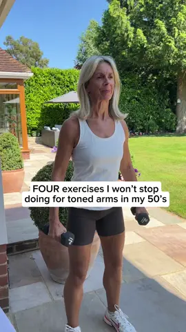 Here are 4 exercises that I won’t stop doing to keep my arms toned in my 50’s. If you’re a beginner, then start with some light weights such as 2kg/3.5lbs.  1. Lateral Raises - 3 x 30 seconds 2. Bicep Curls - 3 x 30 seconds 3. Tricep Extensions - 3 x 30 seconds 4. Shoulder Press - 3 x 30 seconds