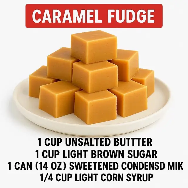 Caramel Fudge Ingredients  • 1 cup unsalted butter  • 1 cup light brown sugar  • 1 can (14 oz) sweetened condensed milk  • ¼ cup light corn syrup Instructions  1. Melt butter in a heavy-bottomed saucepan over medium heat.  2. Stir in brown sugar, sweetened condensed milk, and corn syrup.  3. Cook, stirring constantly, until the mixture reaches 240°F (soft-ball stage) on a candy thermometer.  4. Remove from heat and beat until the fudge thickens slightly.  5. Pour into a greased pan and smooth the surface.  6. Let it cool completely at room temperature, then cut into squares.
