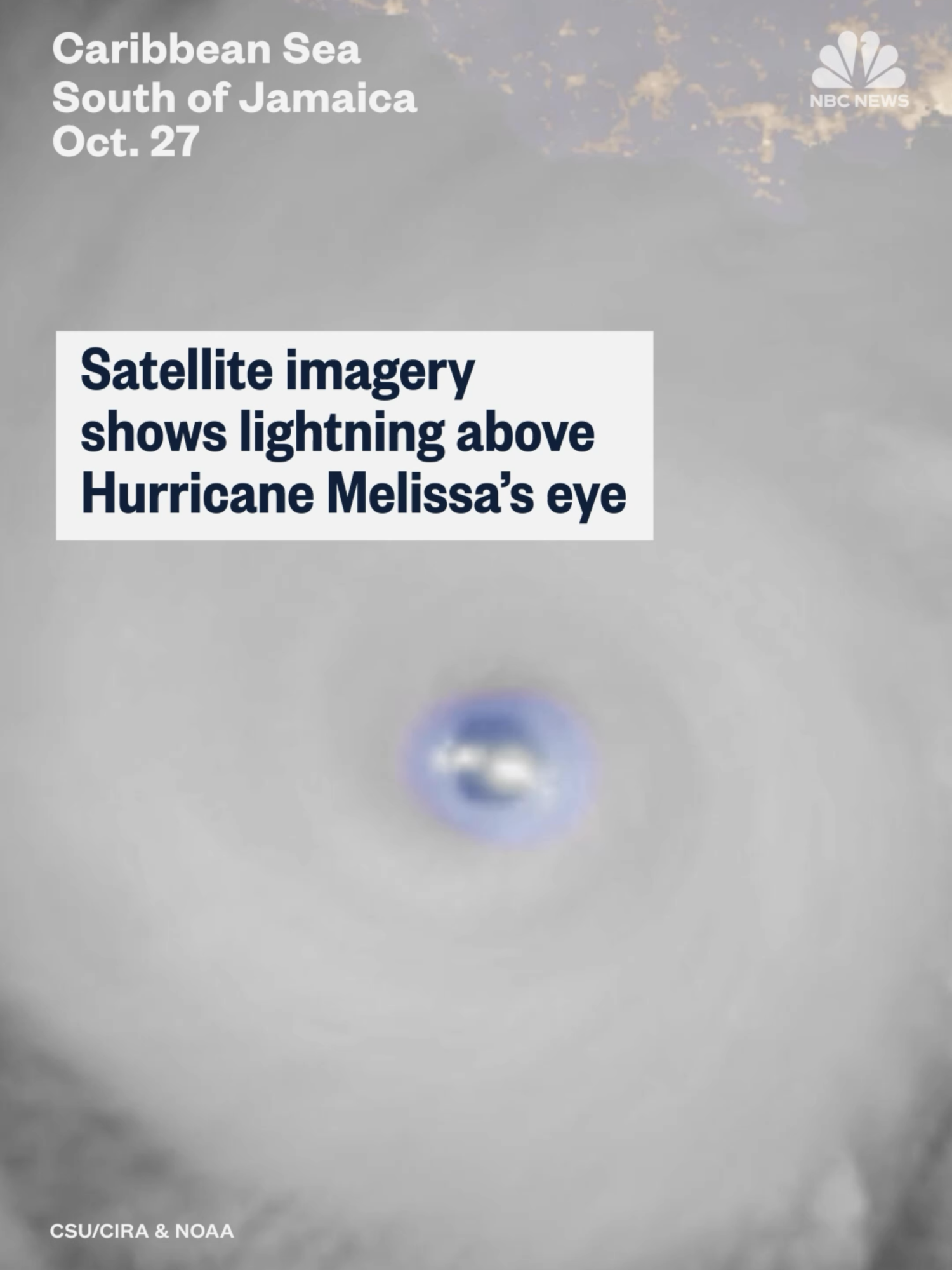 Satellite imagery shows lightning emitting from inside the eye of Hurricane Melissa. The historic Category 5 storm is expected to make landfall this week in #Jamaica.