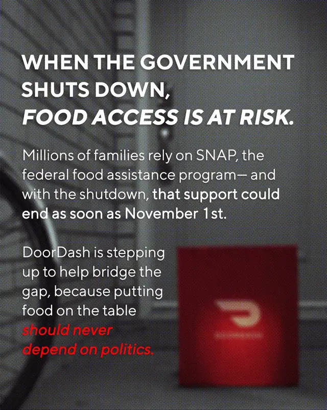 With the federal government shutdown, millions of families risk losing access to SNAP benefits - a lifeline that helps put food on the table. With the help of leading grocers, we're stepping up: 🌽 Delivering 1M meals through 300+ Project DASH partners nationwide 🛒 Waiving delivery and service fees for 300,000 SNAP grocery orders this November 🍎 Donating food and essentials to local food banks from DashMarts Because no American deserves to go hungry. #snap #doordash #foodbank 