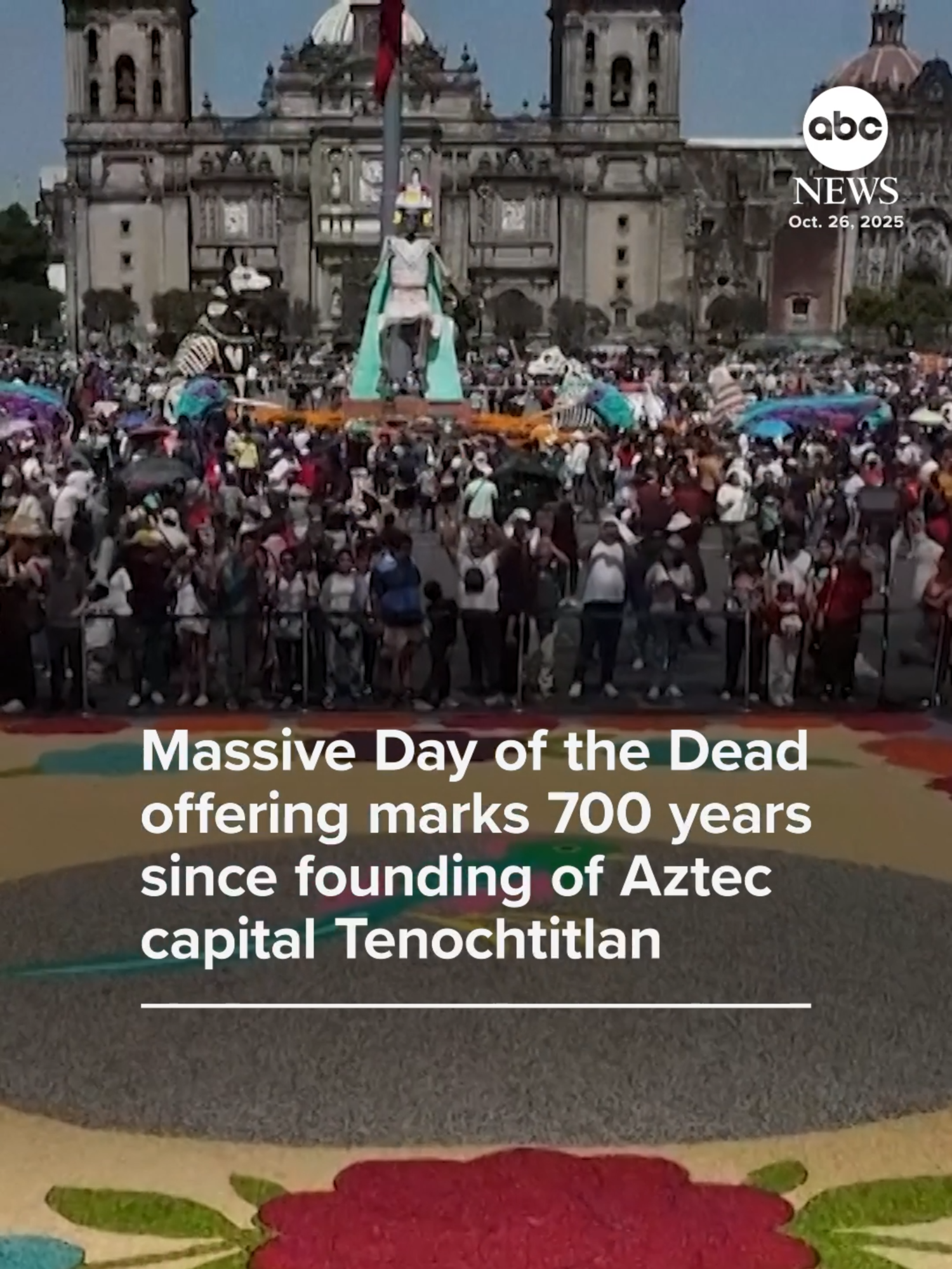 A massive Day of the Dead offering commemorating 700 years since the founding of the Aztec capital of Tenochtitlan has taken over Mexico City's Plaza de la Constitución.   The installation draws inspiration from the mythical journey of the Aztec people from their original homeland of Aztlán to their settlement at Tenochtitlan, now the central neighborhood of modern-day Mexico City. #mexico #dayofthedead #diadelosmuertos #news #abcnews