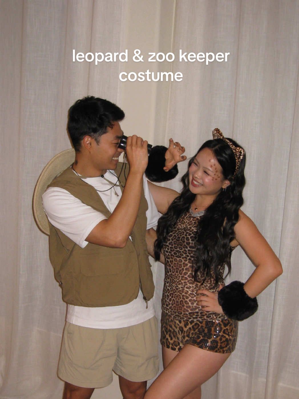 our last minute Amazon costume haha #couplecostume leopard and zoo keeper couple costume #leopardprintmakeup #safari #halloweencostume #leopardcostume 