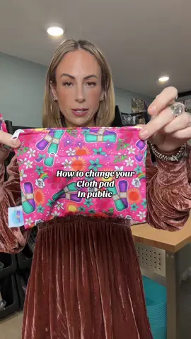 Changing your cloth pad in public is as easy as swapping out your pad with a clean one. Put your used pad in a menstrual bag and you can take care of it when you get home #womanownedbusiness #handmade #clothpads #fabric #periodpad 