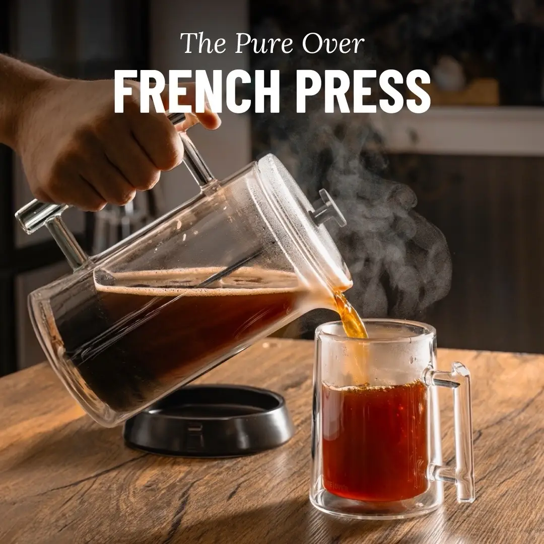 No plastics. No coatings. No compromises. ✨ Meet the Pure Over French Press - built for rich flavor and timeless design. • Sleek all-glass design • Double-wall for 2x heat retention • Food-grade stainless plunger And like all Pure Over gear it's made from durable borosilicate glass, comes with a ceramic base, and features our signature Pure Over handle. Now available through the link in our bio!! #pureover #frenchpress