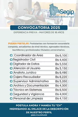 SEGIP LANZA NUEVA CONVOCATORIA LABORAL. Únete a nuestro equipo ingresando al enlace de nuestro perfil para mayor información. #segip #convocatorialaboral #bolivia 