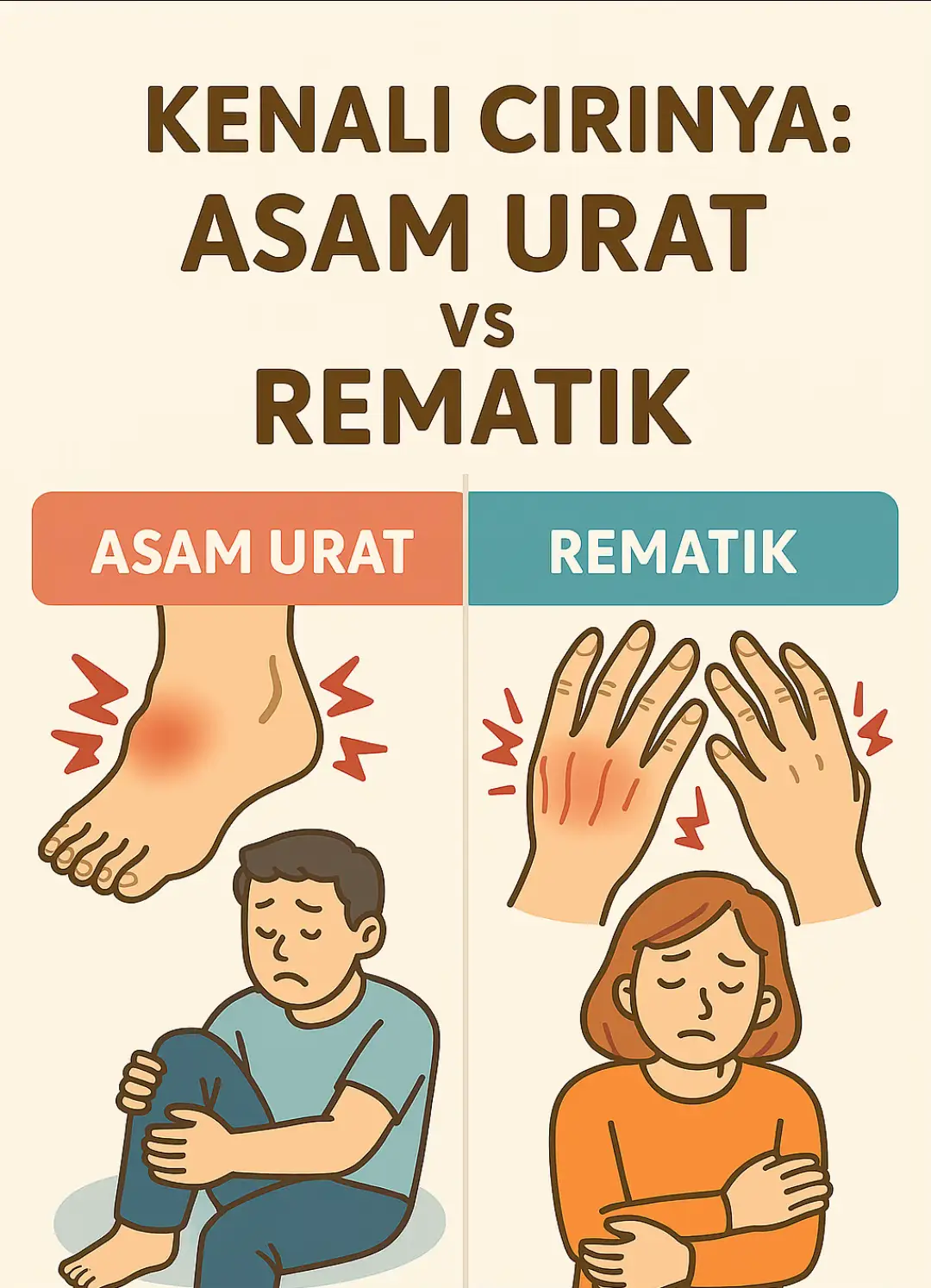 Banyak orang mengira asam urat dan rematik itu sama, padahal sebenarnya berbeda penyebab dan gejalanya! 😮 Yuk kenali perbedaan pentingnya 👇 ⸻ 🦶 ASAM URAT 	•	🔹 Penyebab: Penumpukan kristal asam urat dalam sendi akibat kadar asam urat tinggi di darah. 	•	🔹 Lokasi: Sering menyerang jempol kaki, pergelangan kaki, atau lutut. 	•	🔹 Ciri khas: Nyeri tajam, menusuk, dan tiba-tiba kambuh (biasanya malam hari). 	•	🔹 Bisa membaik dalam 3–10 hari tapi sering kambuh lagi. 	•	🔹 Faktor risiko: Makanan tinggi purin (jeroan, seafood, daging merah), alkohol, obesitas, pria usia >30 tahun. ⸻ ✋ REMATIK (Rheumatoid Arthritis) 	•	🔹 Penyebab: Gangguan autoimun, sistem kekebalan tubuh menyerang sendi sendiri. 	•	🔹 Lokasi: Awalnya di sendi kecil tangan dan jari, lalu bisa ke sendi lain. 	•	🔹 Ciri khas: Nyeri tumpul, berdenyut, disertai bengkak dan kaku di pagi hari. 	•	🔹 Nyeri biasanya simetris (misal, kedua tangan terasa sama). 	•	🔹 Faktor risiko: Genetik, stres, infeksi, dan lebih sering pada wanita. ⸻ ✨ Kesimpulan: ➡️ Asam urat = karena penumpukan zat kimia (purin) ➡️ Rematik = karena sistem imun tubuh sendiri yang salah arah Keduanya memang menyerang sendi, tapi penanganannya berbeda! 🩺 #edukasikesehatan #fypp #rematik #asamurat 