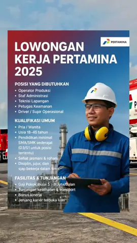 Bergabunglah bersama Pertamina, perusahaan energi terbesar di Indonesia yang berkomitmen menciptakan masa depan energi berkelanjutan. Kami membuka peluang kerja bagi individu yang bersemangat, profesional, dan siap berkembang bersama industri migas nasional. 📌 UNTUK PENDAFTARAN SILAHKAN KLIK LINK YANG ADA DI BIO! #LokerPertamina #Pertamina2025 #KarierPertamina #LokerBUMN #LowonganKerja2025 