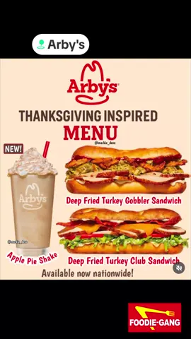 Once again @burritowarbandit tags me in a new food drop 😂😂🤙🏼🤙🏼 this time It was Arby's deep fried turkey sandwiches and apple pie milkshake that @Jas & Kam Food Reviews just posted. My response was I headed out the door to check it out lol  For being fats food and for the price I thought it was very good. I thought it was a good value for the sandwich for under $8 and you're getting some fried turkey. I liked both offerings the fried turkey gobbler sandwich seemed to stand alone better as it had the cranberry spread while the club was good but at its best when I added a potato cake and dipped it in the au jus sauce. The Apple pie shake was very good and had a little bit of spice to it and definitely tasted like something offered at the holidays. Check Out Arby's because  the deep fried turkey sandwiches and apple pie shake are here for a limited time. #deepfriedturkey #arbys #applepie #milkshake #FoodTok 