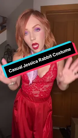 Throw a purple cardigan over to make it warmer/if you don’t have the ascot! #simplecostumeideas #easyhalloweencostumes #jessicarabbitcosplay #redpants #homemadehalloweencostume 