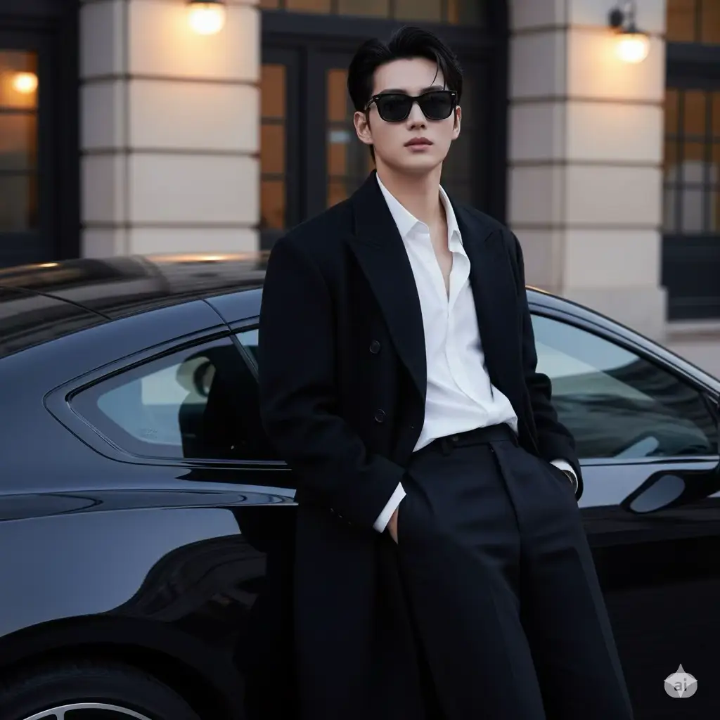 “Create a fashion street-style evening photo, captured from mid-thigh up with photorealistic, cinematic quality. The subject has black slightly tousled hair, naturally neat. Outfit includes a loose white shirt worn untucked, layered with a wide-fit double-breasted black coat, paired with black trousers. The subject wears black sunglasses, hands in pockets, casually leaning against a sleek black luxury car. Pose is relaxed yet confident, with the head slightly turned toward the soft ambient lighting. The atmosphere is highlighted by warm wall lights and glossy reflections on the car, creating a luxurious, modern vibe. Composition styled like a street-fashion lookbook, shot with a medium focal length lens, high clarity, with elegant dark-cool tones.”#trungayai #ai #aiart #photo #gemini 