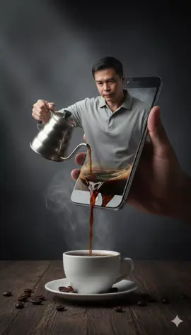 กาแฟสักแก้วไหมครับ😁😁 สร้างภาพด้วย AI  #Gemini #กาแฟ #prompt #ai #MonStory  MonStory Prompt  : ⤵️⤵️ A dramatic digital art image, surreal concept, of me use the uploaded photo, wearing a grey polo shirt, emerging from a smartphone screen. I’m holding a stainless steel kettle and pouring hot, dark coffee into a white porcelain coffee cup resting on a saucer. The coffee streams out of the screen, creating a surreal 3D effect. The scene is set on a dark, rustic wooden table with scattered coffee beans around the cup. A large hand holds the smartphone, which seems to float in a dark, smoky gray studio background. The lighting is dramatic and studio-quality, highlighting the texture of the coffee and my face. Ultra-realistic, high detail, volumetric lighting, photorealistic.