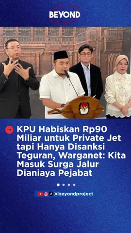 Ketua dan empat anggota Komisi Pemilihan Umum (KPU), Afifuddin, Idham Holik, Persada Harahap, August Mellaz, dan Yulianto Sudrajat mendapat sanksi peringatan keras. Dewan Kehormatan Penyelenggara Pemilu (DKPP) menjatuhkan sanksi peringatan keras para komisioner itu karena dinilai telah melakukan pelanggaran etik. Kelimanya mendapat sanksi peringatan keras setelah puluhan kali perjalanan dinas menggunakan jet pribadi saat pemilihan umum (Pemilu) 2024. Hal itu terungkap melalui sidang yang digelar pada Selasa (21/10/2025). Anggota DKPP Ratna Dewi Pettalolo mengungkap bahwa kelima anggota KPU itu melakukan 59 kali perjalanan dinas dengan menggunakan jet pribadi. Adapun jumlah anggaran pendapatan dan belanja negara (APBN) yang digunakan kelima anggota KPU itu sebesar Rp90 miliar dengan menggunakan jet pribadi mewah dengan jenis Embraer Legacy 650. Ketua DKPP Heddy Lugito kemudian menjatuhkan sanksi kepada Ketua dan empat anggota KPU RI. Sanksi tersebut kini ramai dibahas di media sosial. Mayoritas warganet mengkritik sanksi yang dinilai sangat ringan itu. Tampak pada postingan akun @surakartakita di Instagram banyak warganet menyampaikan komentar menohok terkait sanksi yang diberikan DKPP ke komisioner KPU. 