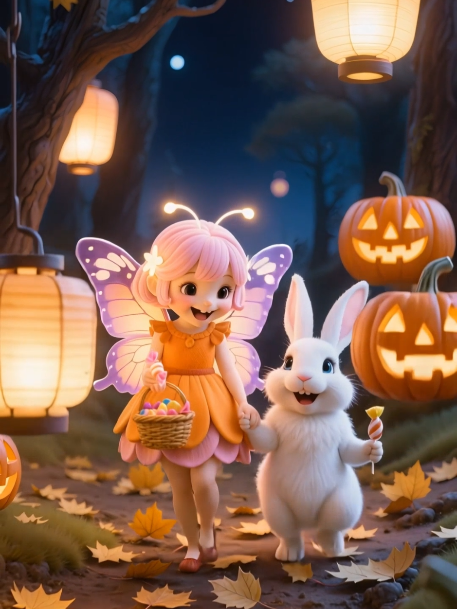 Under the glowing pumpkin lanterns, the fairy and the rabbit walk through a warm Halloween night 🎃🌙 #MrJANGAI #HealingVideo #FairyWorld #FantasyArt #halloween 
