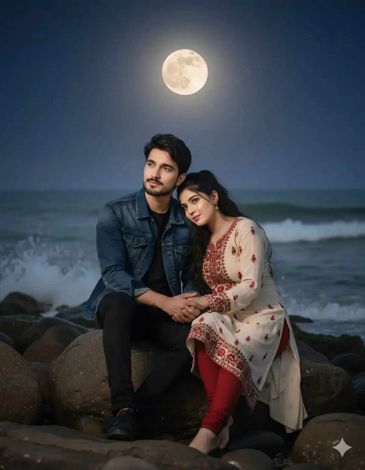 A realistic cinematic photograph of a South Asian couple sitting on large, smooth coastal rocks under a glowing full moon, with gentle ocean waves in the background. The man wears a fitted denim jacket layered over a black shirt and black trousers, styled with subtle rugged texture and soft moonlight reflections. The woman leans affectionately on his shoulder, dressed in a cream-colored traditional kurta with intricate red embroidery, paired with deep red churidar leggings. Her outfit flows naturally with the breeze, capturing soft fabric movement and emotional warmth. They hold hands tenderly, gazing at the horizon, evoking intimacy and serenity. The night sky is rich with stars, casting a silvery glow on the water and rocks. Editorial lighting highlights their expressions and textures-skin tones, embroidery, and denim grain-with a romantic, Vogue-style composition. The mood is peaceful, emotionally rich, and culturally grounded, blending realism with cinematic elegance. Shot with a shallow depth of field,