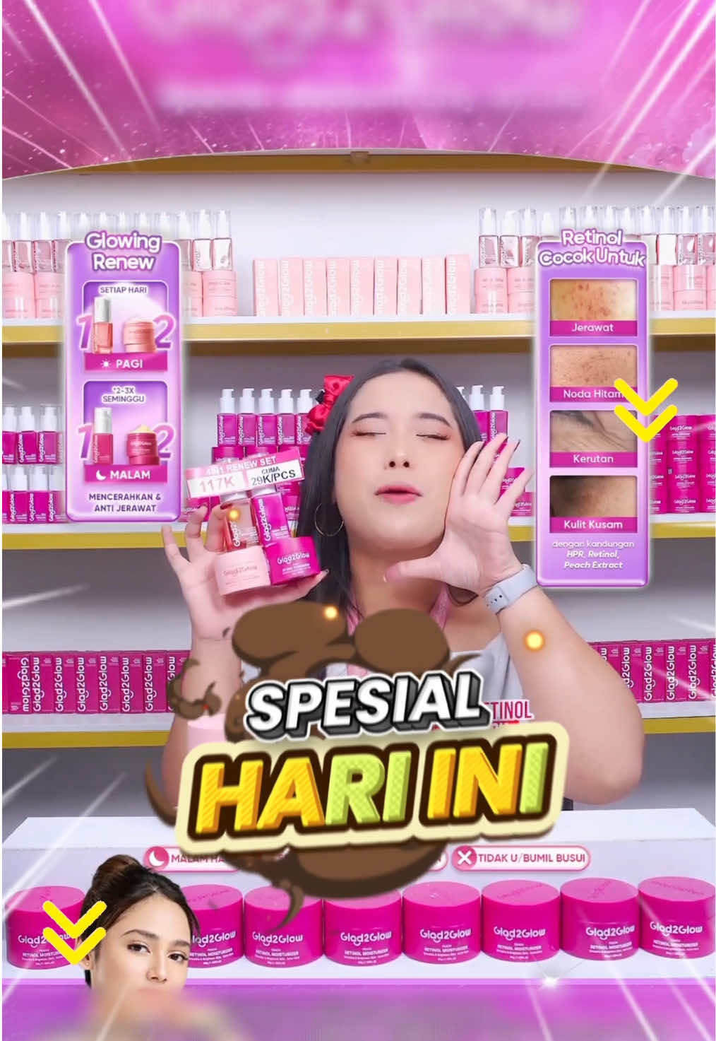 🍀Melek banget liat harga HARI INI🎊 4pcs Glowing + Retinol SET kunci wajah glowing dan kinclong🌟 Yuk checkout paket skincare viral andalan cuma di TikTok Live💗 #G2G  #kusam #wajahglowing #retinol #Glad2GlowSkincare 