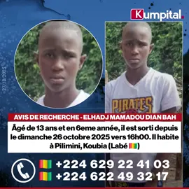 🔴  𝗨𝗥𝗚𝗘𝗡𝗧  Aidons la famille de Elhadj Mamadou Dian BAH à le retrouver.   Il est sorti de chez lui à Pilimini depuis le dimanche 26 octobre dans l'après midi. Depuis il est introuvable. Pour toute information merci de nous contacter au : +224 629 22 41 03 / +224 622 49 32 17