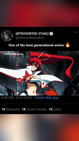 There won't be any generational anime like this 🔥 #anime #gurrenlaggan #simon #kamina  • 𝗔𝗻𝗶𝗺𝗲 : Tengen Toppa Gurren Lagann • 𝗦𝗲𝗮𝘀𝗼𝗻 : 1 (Completed) • 𝗥𝗮𝘁𝗶𝗻𝗴 : ~8.64/10 on MyAnimeList • 𝗚𝗲𝗻𝗿𝗲 : Mecha, Action, Adventure, Sci-Fi • 𝗦𝗼𝗻𝗴 : Raw Clip (no music)