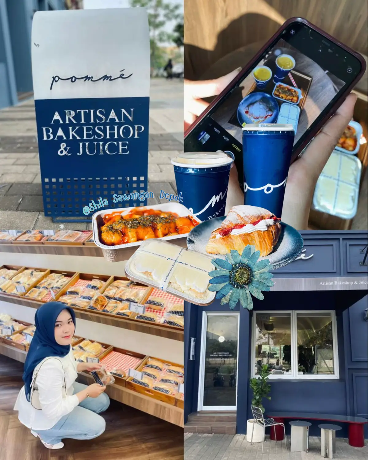 Kalo kamu suka tempat yang calm tapi tetep chic, kamu wajib banget mampir ke Pommé Artisan Bakeshop & Juice yang berlokasi di Shila Sawangan, Depok. 💙🤍 Karna banyak banget pilihan pastrynya, dari yang manis sampai savory + milk bun jadi salah satu favorit aku🍞💯 Don’t forget to grab their signature juice juga yang segar banget buat temenin hari kamu🌻✨ @Pomme Artisan Bakeshop & Juice  #placetogo #cafedepok #cafehopping #placetovisit #shilasawangan 