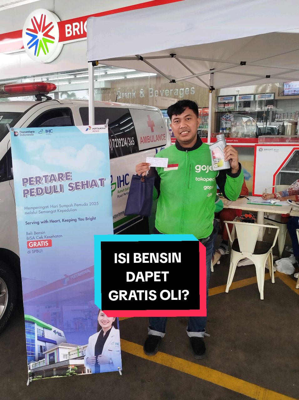 Isi bensin dapet cek kesehatan gratis? dan bisa dapet oli juga lagi.  dalam rangka memperingati hari sumpah pemuda @pertaminaretailofficial  mengadakan cek kesehatan gratis program ini berlangsung 27 -28 Oktober 2025.  Pertamina Retail - Peduli Kesehatan, Peduli pengendara #gojek #ojol #pertaminaretail #pertamina #fyp 