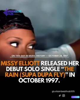 October 28, 1997: Missy Elliott’s debut single changed the game 🎤  Missy Elliott released her debut solo single “The Rain (Supa Dupa Fly)” in October 1997. With her futuristic style and groundbreaking visuals, she instantly became a Hip-Hop icon. #MissyElliott #HipHopQueen #UrbanBeatHub #rnbandhiphop 