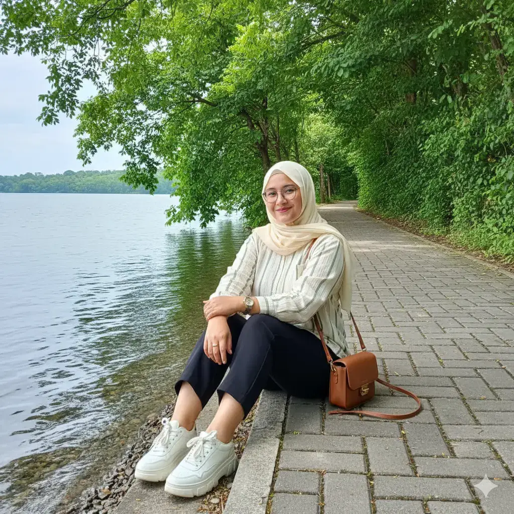 Edit foto tersebut tanpa merubah wajah aslinya dan memakai kacamata seperti foto aslinya. Potret hyper realistis seorang wanita Sedang duduk di jalanan pinggir danau yang indah dan ada pohon rimbun jalan paping . Memakai kemeja cream salur hijau sage. Jilbab voal cream.Celanapants hitam. Sepatu sneakers tebal putih,tas kecil warna brown Pencahayaan terang. Buat serealistis mungkin pose melihat kamera . KualitasHD 8K