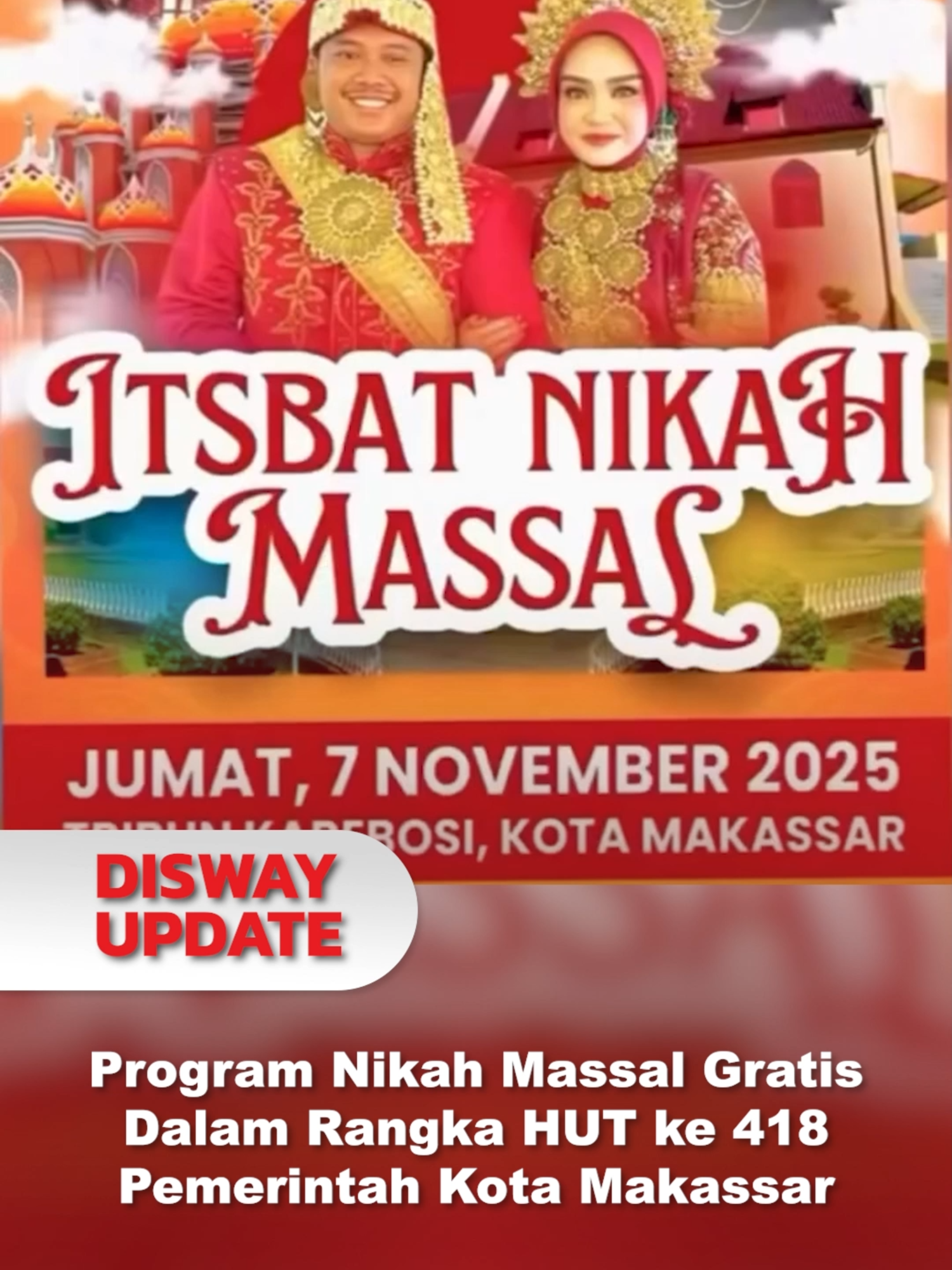 Program Nikah Massal Gratis Dalam Rangka HUT ke 418 Pemerintah Kota Makassar Dalam rangka memeriahkan Hari Ulang Tahun (HUT) ke-418 Kota Makassar tahun 2025, Pemerintah Kota melalui Dinas Sosial akan menggelar event nikah massal gratis. Program ini menjadi bentuk perhatian dan kepedulian Pemkot terhadap warga, khususnya bagi pasangan yang telah menikah secara agama namun belum tercatat secara resmi oleh negara, atau bagi pasangan yang hingga kini belum memiliki buku nikah resmi. Sumber video : teropong_gowa #programnikahmassal #nikahgratismakassar #nikahgratis #nikahmassal #nikahmassal2025 #beritamakassar #hutkotamakassar #hutmakassar418 #hariandisway #diswaysulsel #disway #hariandiswaysulsel