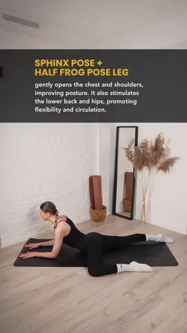 Sphinx Pose with Half Frog Pose Legs gently stretches the hips, thighs, and spine while opening the chest and shoulders. It strengthens the back muscles and improves spinal flexibility, posture, and deep breathing.  #yoga #yogapose #yogaforbeginners #yogalover #stretching 