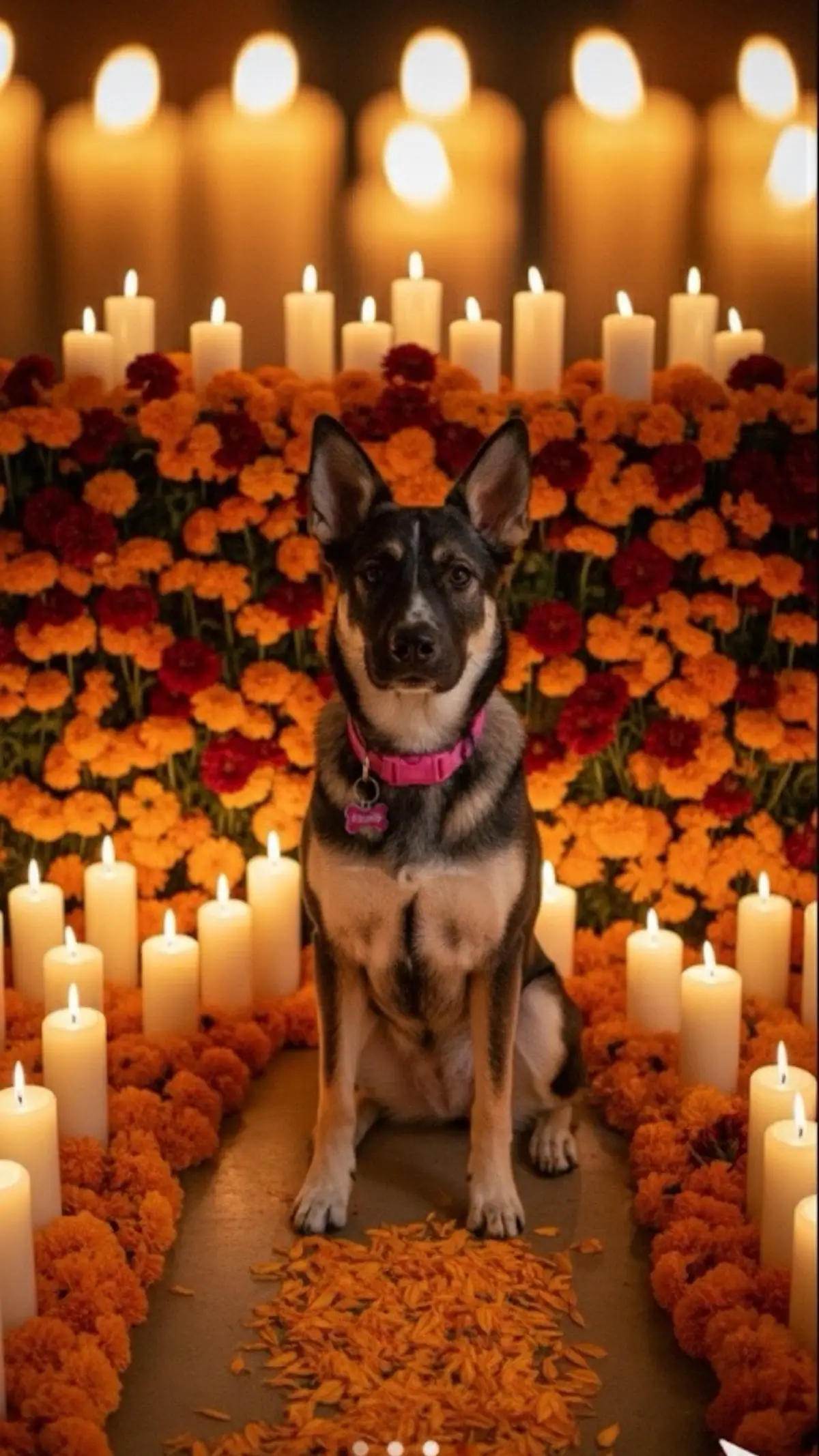 Add cempasuchil flowers around my dog, representing october 27th, the day of the dead theme. may around her be cempasuchil flowers and candles. may the backround be dominated by a mantel of intense orange cempasuchil flowers and some reddish and maroon flowers if possible. with a bright pink collar with the name Nova on dog tag. let the lighting be warm and soft, numerous white candles of various sizes are that are lit and distributed throughout the flower bed. let the lighting be low and with the candle flames and their halos creating a “bokeh” effect out of focus circles of light in the background to give it that magical and nostalgic touch. Let the scene represent an alter of the dead and the path illuminated by flowers according to the tradition that guides the souls back to the home #fyp 