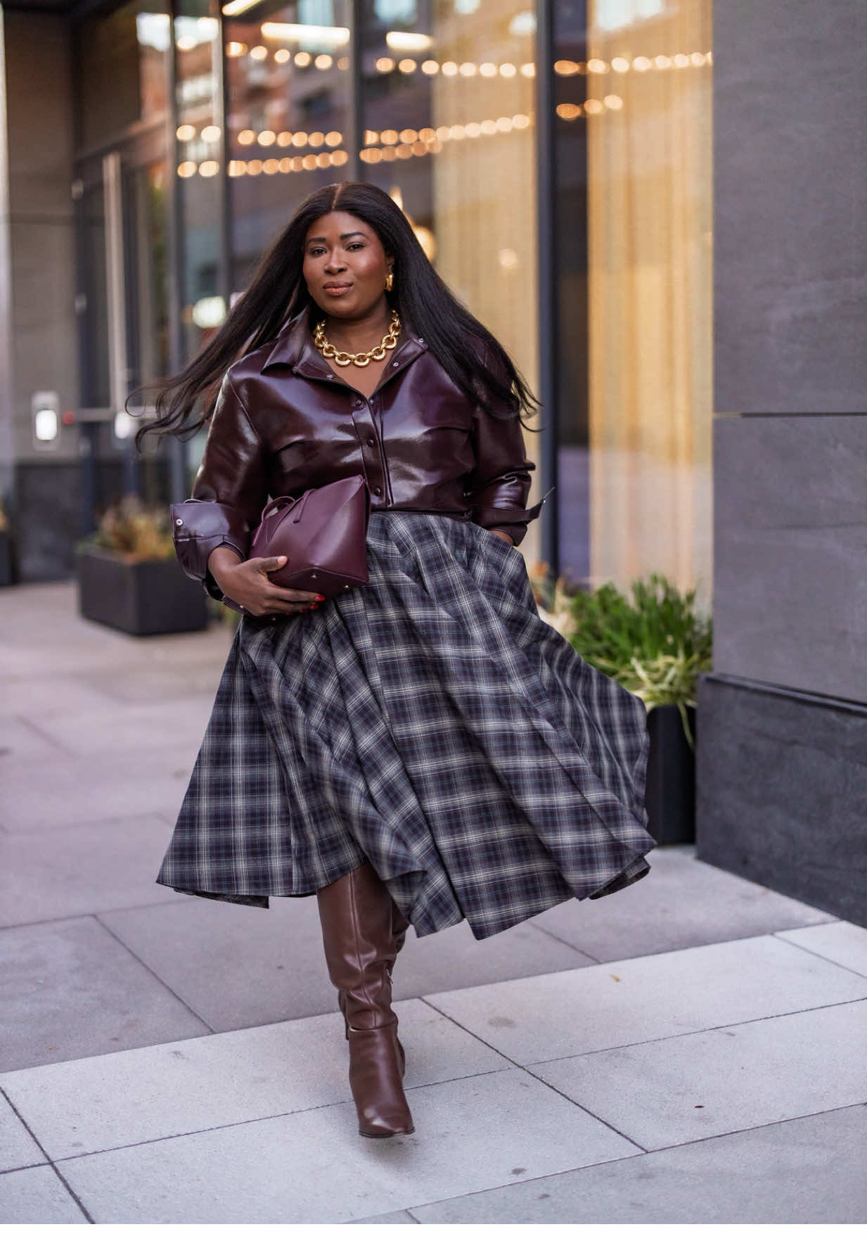 How to style a plaid skirt and knee high boots for fall #autumnfashion #midiskirtoutfits #fallboots #kneehighboots #plaidandleather  Boots: @Dolce Vita Footwear 