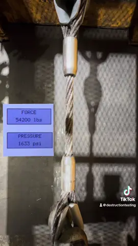 Pushing a 7/8” wire rope thimble eye sling from the field to its limit. Gradual load ramp until it finally yielded—just 1,300 lbs short of full 5:1 breaking strength. That’s within 1% of lab-perfect, until you factor in the unseen field horrors (overload? Crush damage? Salt exposure?) Watch it strain, snap, and splay… then the close-up payoff: Strands exploded, core laid waste. Wire rope is a wonderful mechanical marvel.  Rigging crews, What’s the sketchiest abuse you’ve put a wire rope sling through? #WireRope #DestructionTest #Lifting #Rigging #HeavyDuty