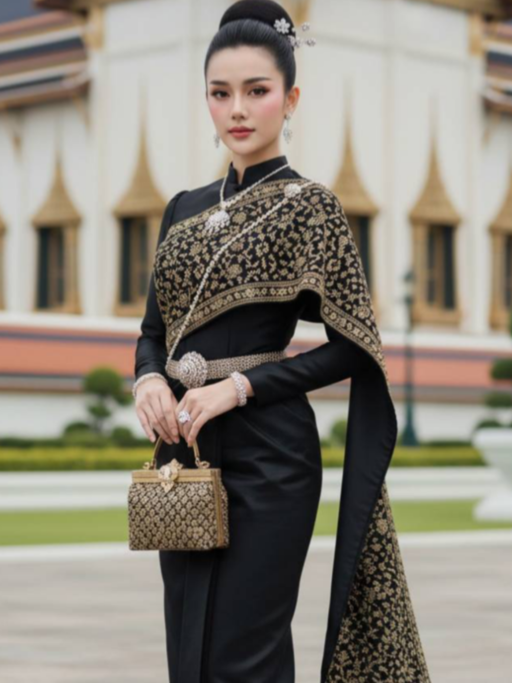 ชุดไทยบรมพิมานสีดำ ช่างสวยงามเลอค่า#ชุดไทย #แต่งชุดไทย #ชุดไทยบรมพิมาน #เปิดค่าการมองเห็น #เทรนด์แรงวันนี้  prompt Cr.@Phattanan:สร้างภาพบุคคลจากรูปที่แนบ ใบหน้าคงลักษณะเดิม 100% ห้ามแก้ไข รูปร่างบอบบาง ผอมเพรียว อรชร หุ่นดี ผิวขาวกระจ่างใส สร้างภาพถ่ายพอร์ตเทรตสมจริงขั้นสูง hyper realistic portrait photography ภาพสวยคมชัด ชัดเจนขั้นสูง ใส่ชุดไทยบรมพิมานสีดำ เสื้อเป็นเสื้อแขนยาวปิดคอ เป็นผ้าไหมเนื้อดีเรียบๆ และมีผ้าสไบสีดำขอบทอง ปักดิ้นทองลายดอกจำปาแวววาวระยิบระยับอลังการยาวถึงพื้น ลายไทยแบบเล็กๆเรียบๆหรูๆ เครื่องประดับเพชรเข็มขัด สร้อยคอเป็นงานไทยทรงกลมขนาดเล็กๆ สายสังวาร ต่างหู เป็นเพรชทั้งหมด งานปราณีตพิถีพิถันชัดเจน ทรงผมเกล้ายกสูงประดับด้วยดอกไม้เพชร ที่มือถือกระเป๋าแบบไทยๆขนาดเล็กๆ ยืนแบบสวยสง่าดุจราชนิกูล สีหน้าเรียบเฉย ยืนเอียงข้างเล็กน้อย รูปร่างดี ผิวพรรณผุดผ่องสดใส ใส่รองเท้าส้นสูงหัวแหลมสีดำ โลเกชั่น ยืนอยู่หน้าพระที่นั่งดุสิตมหาปราสาทที่สวยงาม ภาพเสมือนจริงชัดเจน ระดับ 8k ภาพเต็มตัวระยะใกล้
