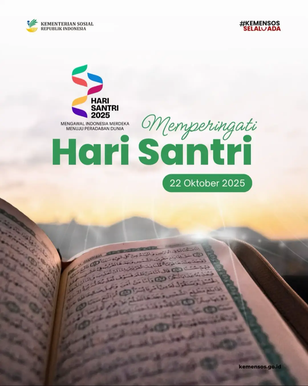 Selamat Hari Santri 2025! ✨  Santri bukan hanya penjaga kemerdekaan, tapi juga penjaga peradaban.  Dengan ilmu, akhlak, dan semangat kebangsaan, santri terus melangkah mengawal Indonesia merdeka, menuju peradaban dunia.