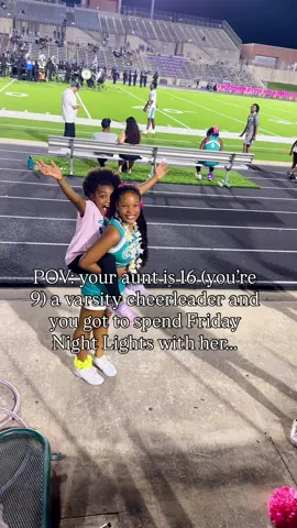 A memory she’ll never forget!!!  Autumn participated in a Mini camp that my baby sister’s team and school had in the summer! They were told then that they would preform with the girls during homecoming in October. Well, that day finally came and Autumn was too excited. It was a gymnastics day so, after daddy and I deliberated for a few hours, we agreed to allow her to miss practice so that she could cheer with my sister. Autumn is so dedicated to her sport and hasn’t missed a day since making team in June. She also just got her “progress report” from her coach and it was sooooo good! She has been complaining of not having time to just have fun and be a kid so we felt this was a great opportunity for her. She talked about it the whole way home so it was definitely the right decision.  Honestly, we don’t know if Autumn would have had so much fun if my sister wasn’t as attentive as she was! I started having children when was she just 3 years old so i literally have watched her grow into the amazing aunt she has become. She watches them for me when i need help, she talks to London about the big girl things and she cares for Reign like she’s her own baby! It really is the sweetest thing to witness and the best gift my mom could have ever given me (our birthdays are only 2 days apart so i always tell her she as my birthday gift whe i turned 22 lol).  Happy Saturday, Gramily! We pray you enjoyed seeing this sweet part of our lives! Love you, be so very blessed 🤎 #auntandniece #fridaynightlights #highschoolfootball #varsitycheer #familytok 