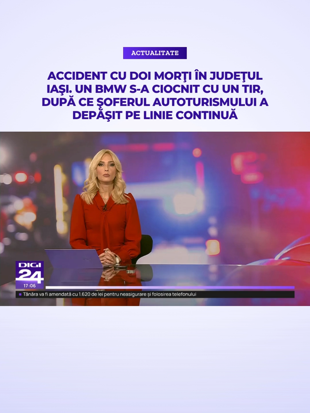 Două persoane au murit într-un accident produs marţi după-amiază, pe Drumul European 85, între localităţile ieşene Sârca şi Bălţaţi. În accident au fost implicate un autoturism marca BMW şi un TIR. Potrivit unor martori la incident, şoferul BMW-ului ar fi intrat într-o depăşire periculoasă, pe linie continuă, şi s-a ciocnit de un TIR care venea din sens opus. #digi24 #stiriledigi24 #masini #accident