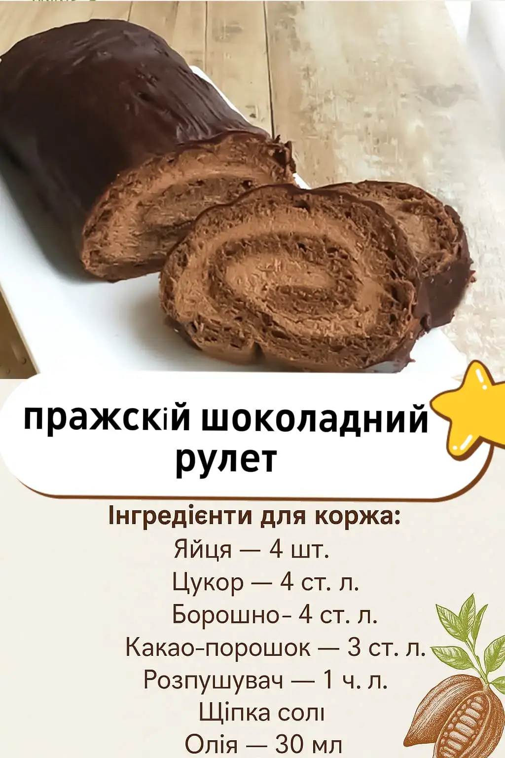 Пражскій шоколадний рулет— це вишуканий десерт із ніжним бісквітом і ароматним шоколадним кремом. Його смак нагадує відомий торт «Прага», але приготувати рулет значно швидше.   Інгредієнти для коржа: Яйця — 4 шт. Цукор — 4 ст. л. Борошно — 4 ст. л. Какао-порошок — 3 ст. л. Розпушувач — 1 ч. л. Щіпка солі Олія — 30 мл Для крему: Жовток — 1 шт. Цукор — 40 г Кукурудзяний крохмаль — 10 г Молоко — 150 мл Вершкове масло — 100 г Чорний шоколад — 100 г  Приготування крок за кроком 1. Приготування бісквіта Збийте білки з дрібкою солі до пишної піни. Поступово додавайте цукор, продовжуючи збивати до стійких піків. Введіть жовтки по одному, перемішуючи на низькій швидкості міксера. Влийте олію й обережно перемішайте. Просійте борошно, какао та розпушувач, додайте до яєчної маси й акуратно перемішайте вінчиком. Вилийте тісто на деко, застелене пергаментом. Випікайте при 180°C протягом 15 хвилин. Гарячий корж перекладіть на чистий пергамент і скрутіть у рулет, поки він теплий. 2. Приготування шоколадного крему Змішайте жовток, цукор і крохмаль до однорідності. Влийте гаряче молоко, перемішайте, поставте на невеликий вогонь і варіть до загустіння. Зніміть із плити, додайте подрібнений шоколад, перемішайте до розчинення. Дайте охолонути. Збийте масло до пишності й поступово введіть охолоджену шоколадну основу. Крем готовий. 3. Формування рулету Розгорніть охололий корж, рівномірно намастіть кремом. Обережно скрутіть знову в рулет. За бажанням, полийте шоколадною глазур’ю та поставте у холодильник на 4–5 годин для просочення.  Порада: Щоб рулет не тріскався, скрутіть його гарячим, а крем наносіть лише після повного охолодження. Збережіть цей рецепт і поділіться з друзями — шоколадний рулет «Прага» закохає у себе з першого шматочка!