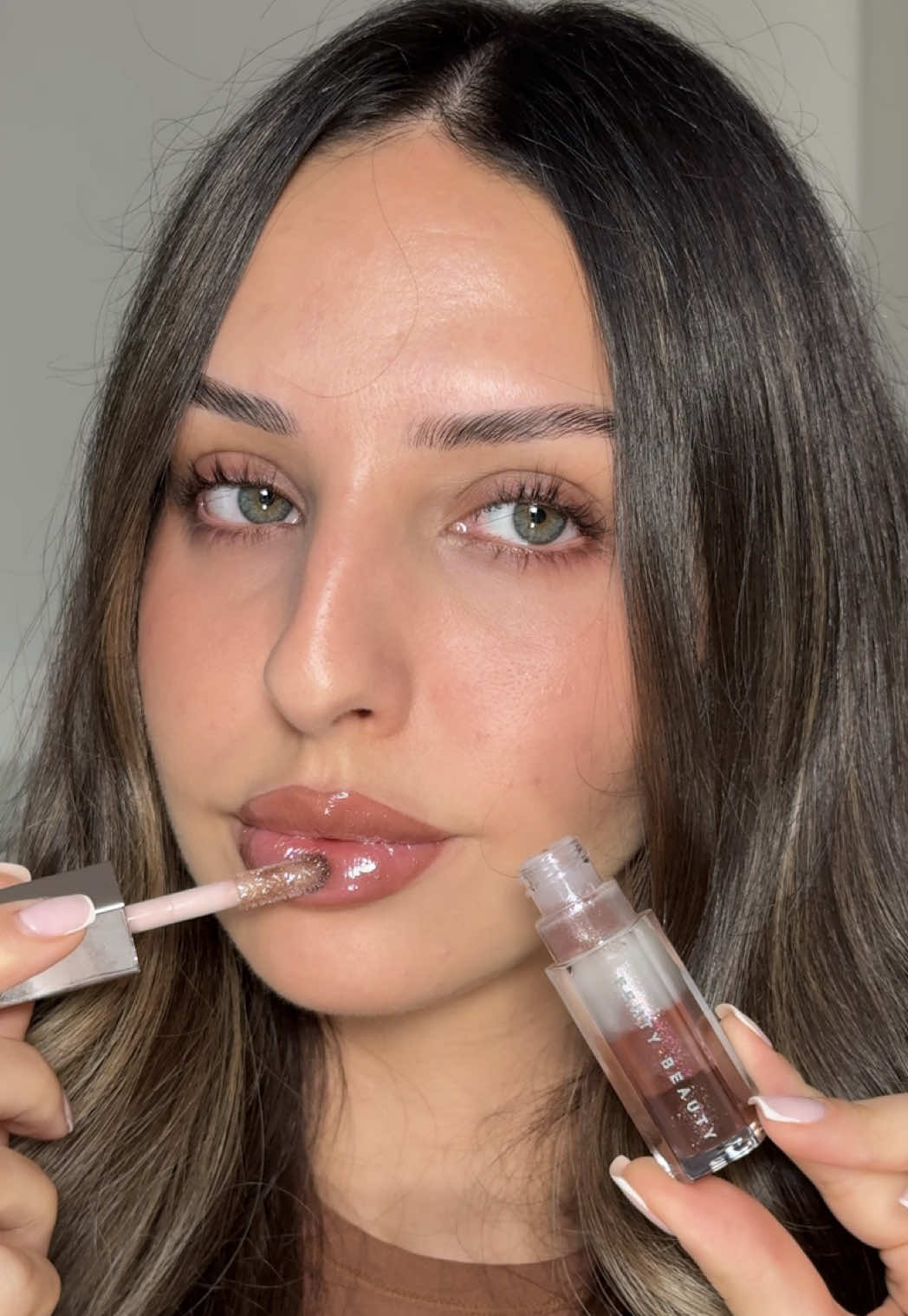 Triple stacked lip gloss  @Fenty Beauty stackz “spiked hot chocolate” #lipgloss #glossylips #glossbomb #makeup #beauty 