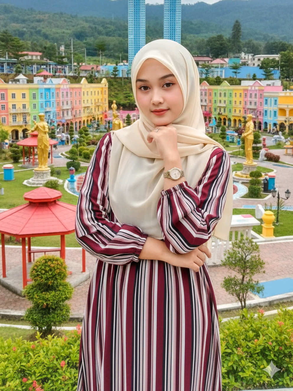 Prompt Ai wanita berhijab Buatkan gambar hyper-realistic, wajahnya sama persis dengan foto referensi (100% tanpa perubahan pada wajah, mata, struktur wajah, alis, hidung, bibir dan juga jangan merubah bentuk badan) Seorang perempuan berhijab, ia mengenakan Hijab: Berwarna krem muda atau beige polos, dikenakan dengan gaya sederhana menutupi dada. Busana utama: Gaun panjang bercorak dengan garis-garis merah marun, hitam, putih Aksesori: Ia mengenakan jam tangan di pergelangan tangan kiri. Posisi tangan: Tangan kanan diletakkan di bawah dagu, memberi kesan manis dan percaya diri. Tangan kiri rileks di sisi tubuh Di sebuah taman wisata terbuka. Taman ini memiliki miniatur bangunan berwarna-warni, patung-patung emas, tanaman hias kecil, dan gubuk-gubuk beratap merah cerah. Di latar belakang, terdapat model menara kembar biru yang tinggi, perbukitan hijau, dan langit mendung. Foto ini menampilkan warna-warna cerah dan ceria, cahaya alami, dan suasana liburan yang meriah. Gaya foto: potret tubuh setengah (half body), gaya realistis, detail tinggi, fotografi DSLR. #fypage #fypシ゚ #fyppppppppppppppppppppppp #fyp #hijab 