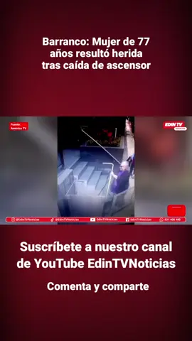 Una mujer de 77 años resultó herida luego de que el ascensor en el que se desplazaba cayera bruscamente al piso en un edificio de Barranco. El accidente ocurrió en la cuadra 2 del jirón Carlos Arrieta, cuando la señora Cecilia Laines ingresó al elevador especial para personas con discapacidad. Según imágenes registradas, la mujer usaba un bastón y se desplazaba con dificultad. Minutos después, el ascensor se desplomó y la mujer terminó tendida en el piso del primer nivel. #EdinTVNoticias 
