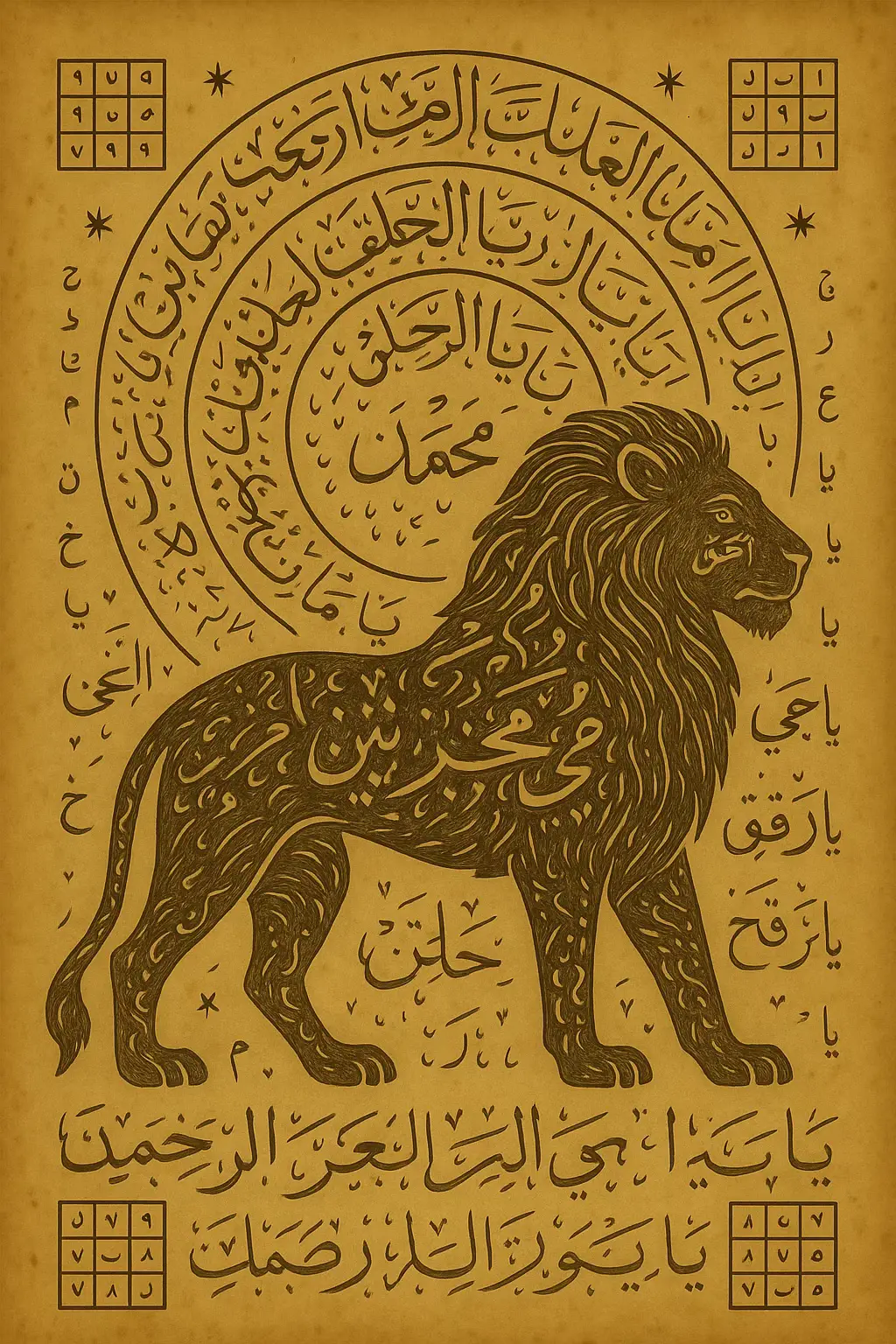 Bu tılsım, gücün ilahi kaynağını hatırlatan ve sahibine hem ruhsal hem dünyevi kudret veren bir çalışmadır. “Aslanın Nefesi” adını, hem cesaretin hem de adaletin nefesi olarak taşır. Görselin merkezinde yer alan aslan figürü, benliğin en saf haliyle ayağa kalkışını, imanın korkusuzluğunu ve hakikat karşısında eğilmeyen kalbi temsil eder. Yelesine gizlenen Arapça harf dizilimleri, Havas ilminin kadim formüllerine dayanır; bu dizilimler insanın içindeki “gizli nur”u uyandırır. Gövdeyi saran spiral havas harfleri (ط س م ك ه ي ع ص ح ن ق ف ر د خ) zihinsel dağınıklığı toplar, nazar ve kötü niyetli enerjileri nötralize eder. Aslanın gözünde yazan “نور الحق” (Hakikatin Nuru), gören gözün perdeyi aşması, kalbin hakikati tanıması anlamını taşır. Yedi halka boyunca sıralanan esmâlar (يا عزيز, يا قوي, يا ملك, يا حفيظ, يا رزاق, يا فتاح, يا رحمن); ilahi mertebelerin katmanlarını temsil eder. Her bir halka, sahibine hem görünmeyen koruma kalkanı hem de bereket kapısı açar. Alt köşelerdeki 5x5 ve 6x6 vefk kareleri, Ebced 1329’a göre düzenlenmiştir. Bu, doğum tarihinin (26/04/1982) titreşimini taşıyan bir sayısal mühürdür — kaderle uyum içinde ilerlemeyi, dengesiz enerjilerin bastırılmasını ve rızık-huzur-sağlık üçlüsünün daim olmasını sağlar. Bu tılsım kişiye özel, Havas usulünce hazırlanmıştır. Kullanım niyeti: “Ya Rab, beni adaletinle kuşat, zalimden koru, helâl rızkımı genişlet ve içimdeki aslanın nefesini imanla güçlendir.” #niyet #tılsım #dua #havas #nazar 