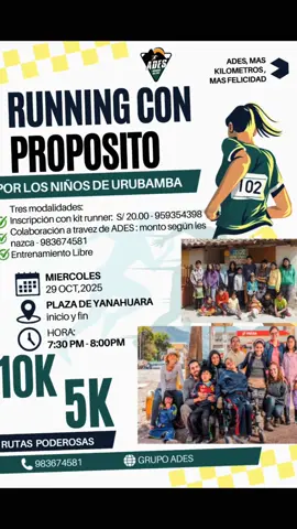 *‼️RUNNING CON PROPOSITO‼️*  🏃🏼‍♀️🏃‍♂️💪🏼💚💚💪🏼🏃‍♂️🏃🏼‍♀️ _🎯 Entrena con *ADES* 🤩_ *MAS KILÓMETROS MAS FELICIDAD* *🛤️ENTRENANDO PARA VENCER MIEDOS EN LA PISTA* *10 y 5 KILOMETROS* 📅 *MIERCOLES 29 DE OCTUBRE* 🕖 *Concentración 7:30 pm* 🏁 *Partida 8:00 pm* 📍 *PLAZA DE YANAHUARA*  🙅 *Habrá guarda Ropa* 🧛‍♂️🧛‍♀️ Venir con su mejor Disfraz  (no es obligatorio) 📈 Se envía ruta tiempo real ⚠️ *Llevar zapatilla y agua* *MODALIDADES DE APOYO* *1) S/ 20 MEDALLA FINISHER DE LA CARRERA VIRTUAL* https://wa.link/wh9kio *2) COLABORACIÓN  VOLUNTARIA AL 983674581 IAN CENTI* *3) CORREDOR LIBRE✅* ====================== _*📲 Informes al grupo WhatsApp:*_ https://chat.whatsapp.com/JpGvq4dFLlXKyNiJ2tW23u #runners #maratones #ciudadblanca #arequipa #Running 
